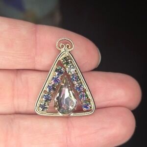 Vintage Gold Tone Aurora Borealis Rhinestone Triangle Pendant Teardrop Crystal